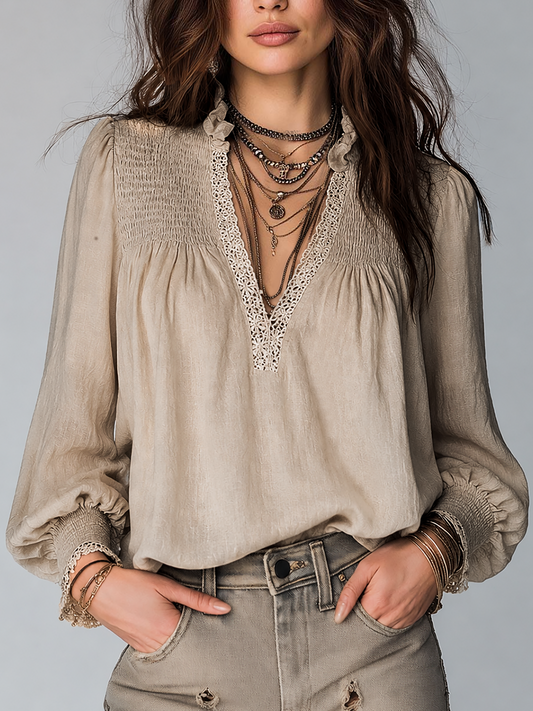 Camicetta vintage beige in cotone e lino – dettaglio 2