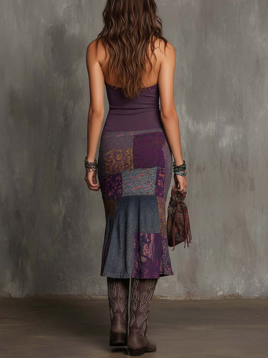Vestito midi viola in maglia patchwork floreale – vista posteriore