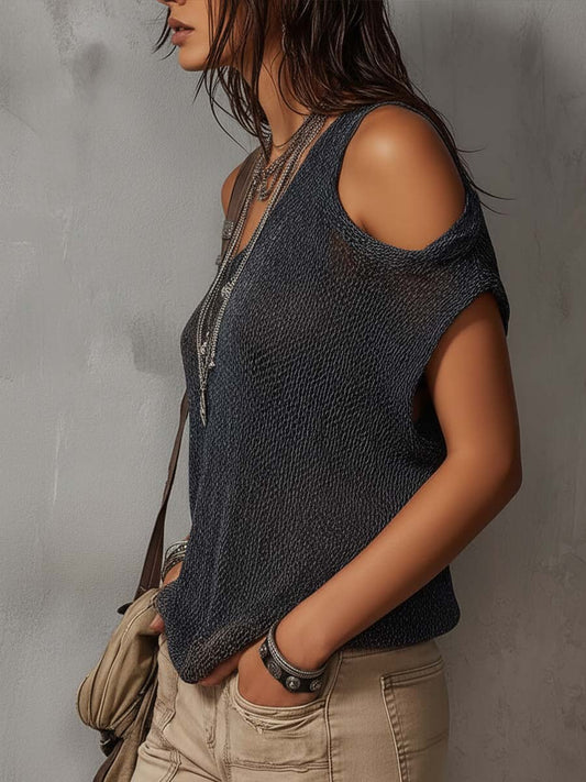Blusa in maglia blu fumo con spalla asimmetrica – dettaglio 2