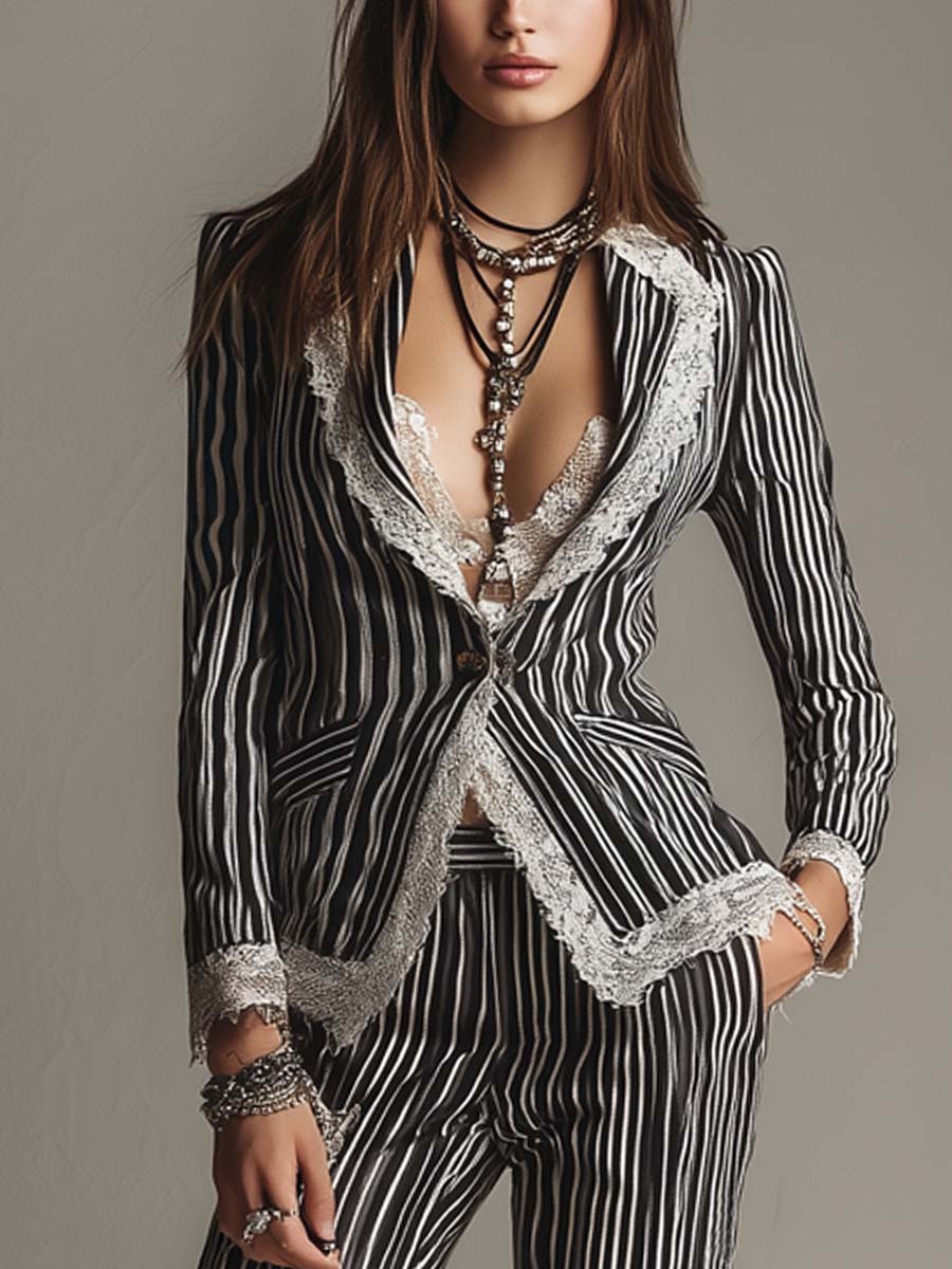 Pantaloni vintage in pizzo a righe neri – dettaglio 4