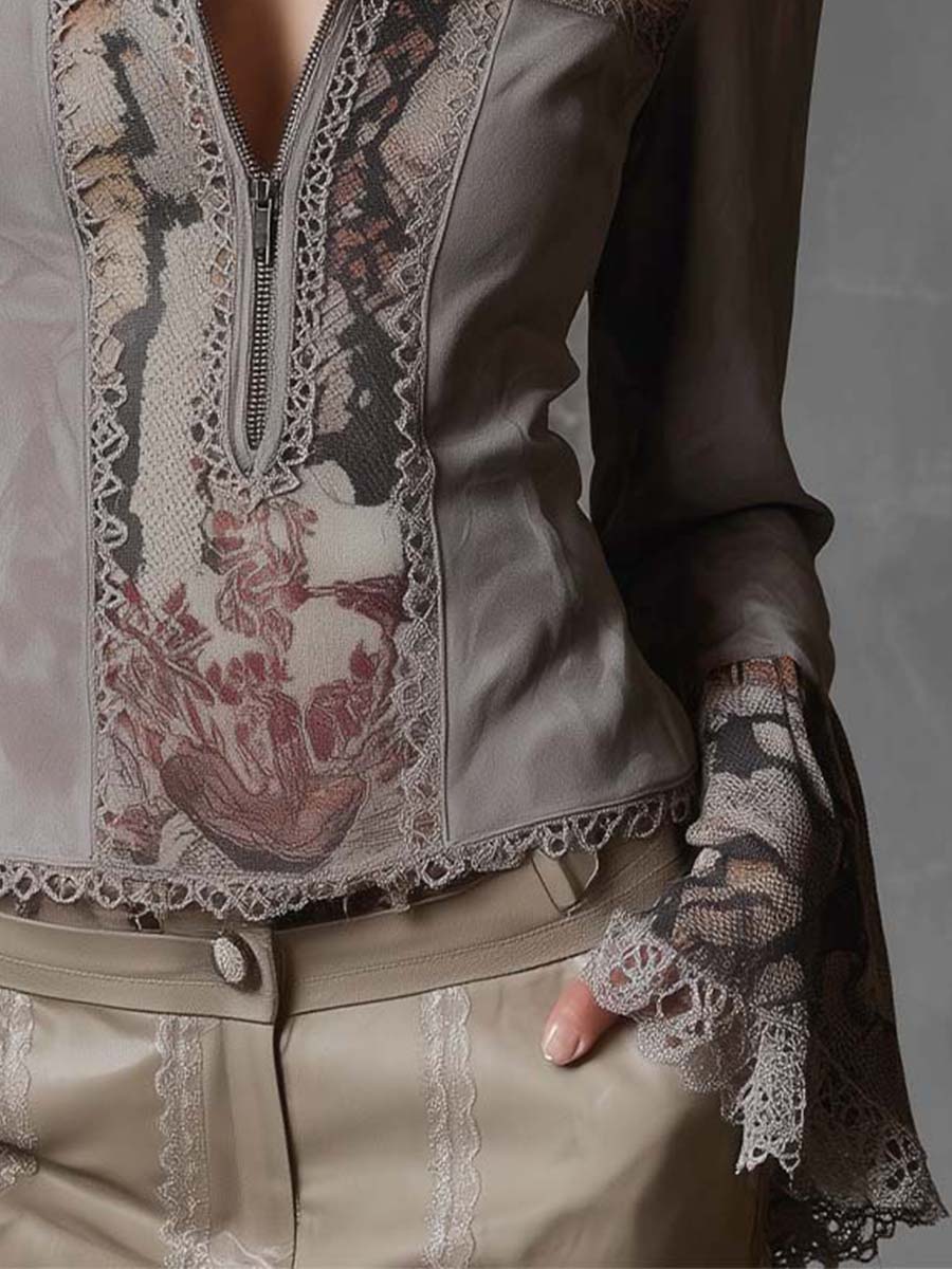 Blusa patchwork in ecocamoscio con pizzo – dettaglio 5