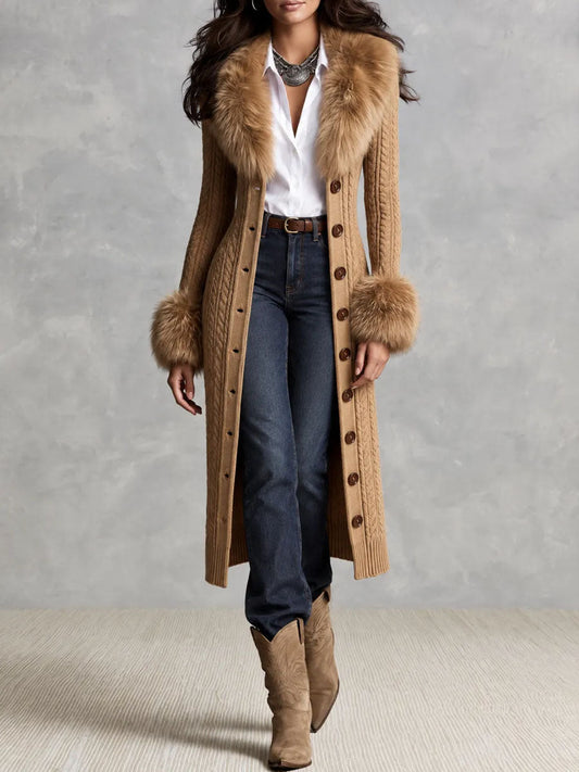 Abito midi cammello con collo in pelliccia – look completo