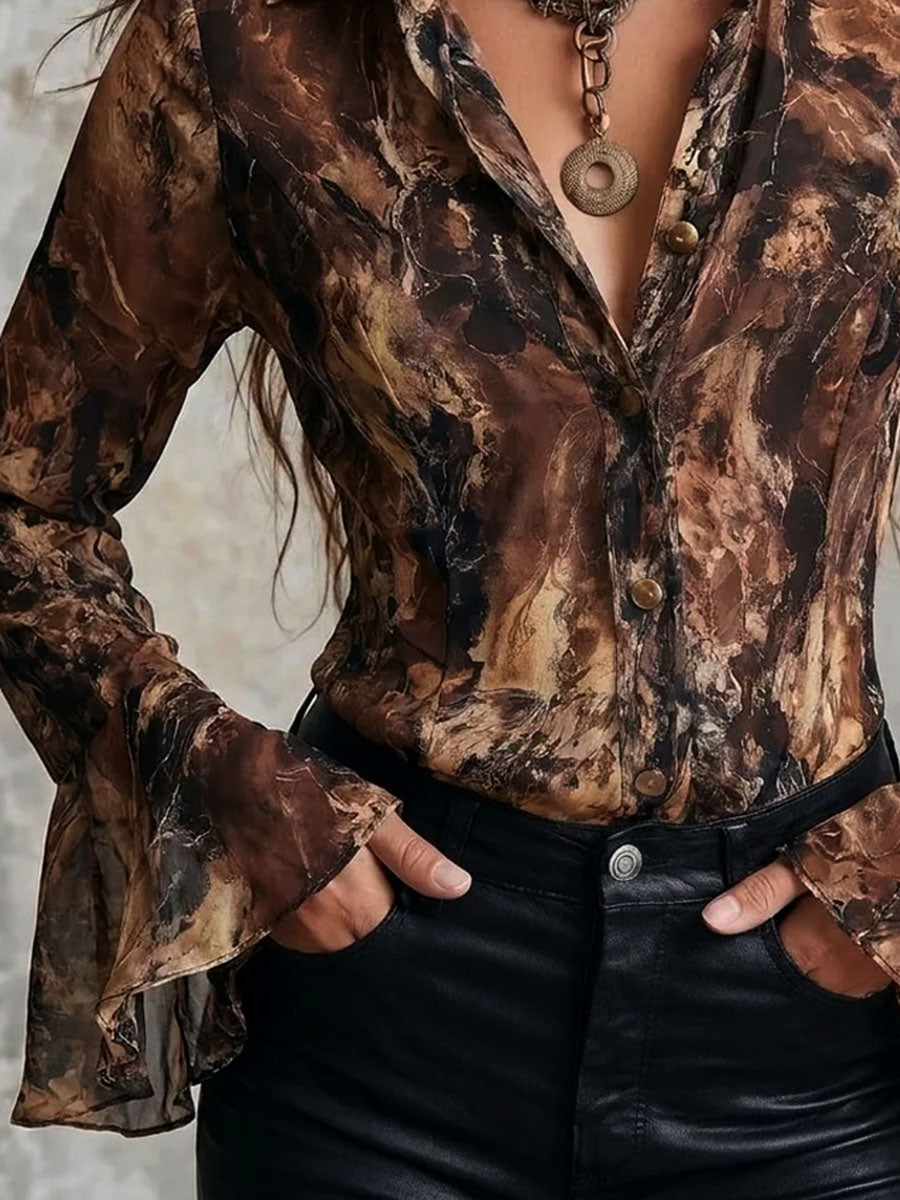 Blusa boho in chiffon toni terra – vista 9