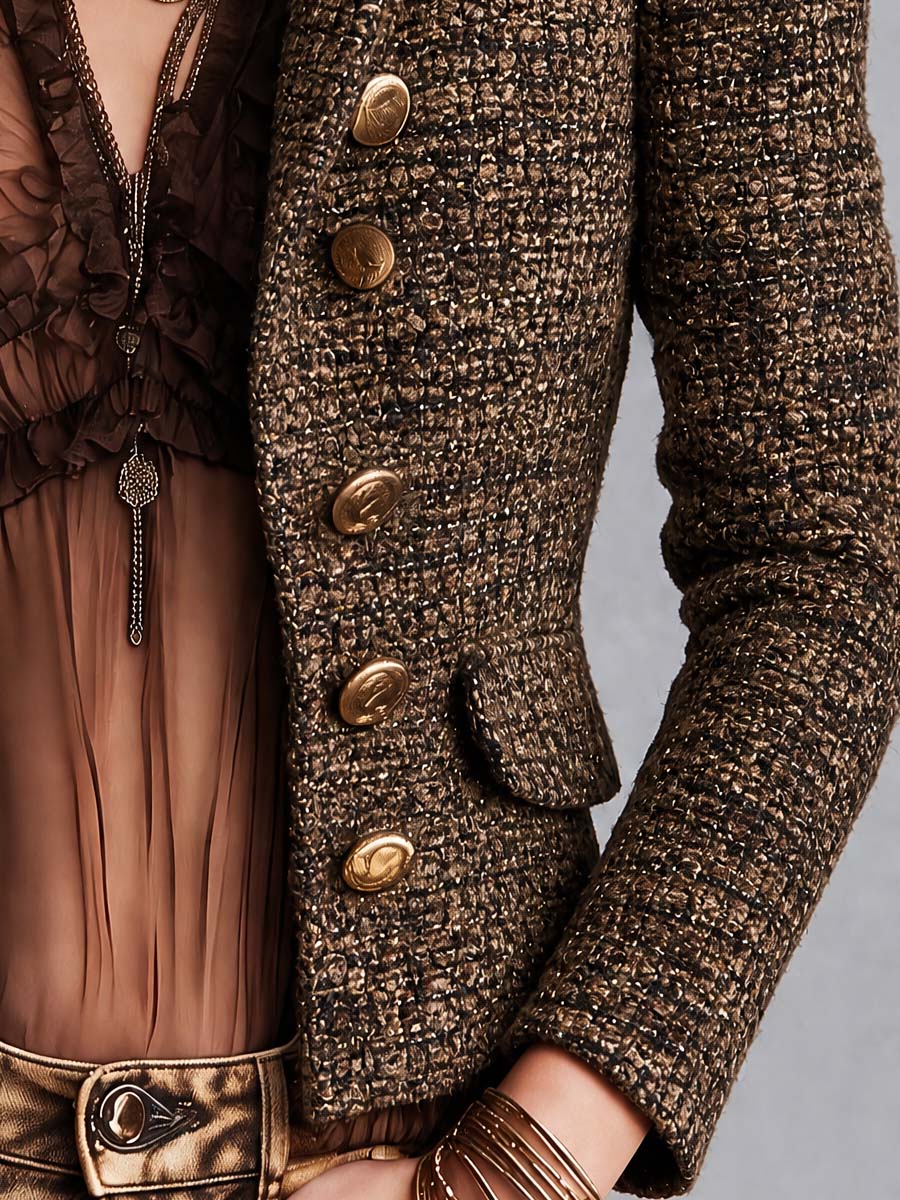 Blazer doppiopetto in tweed marrone – dettaglio 7