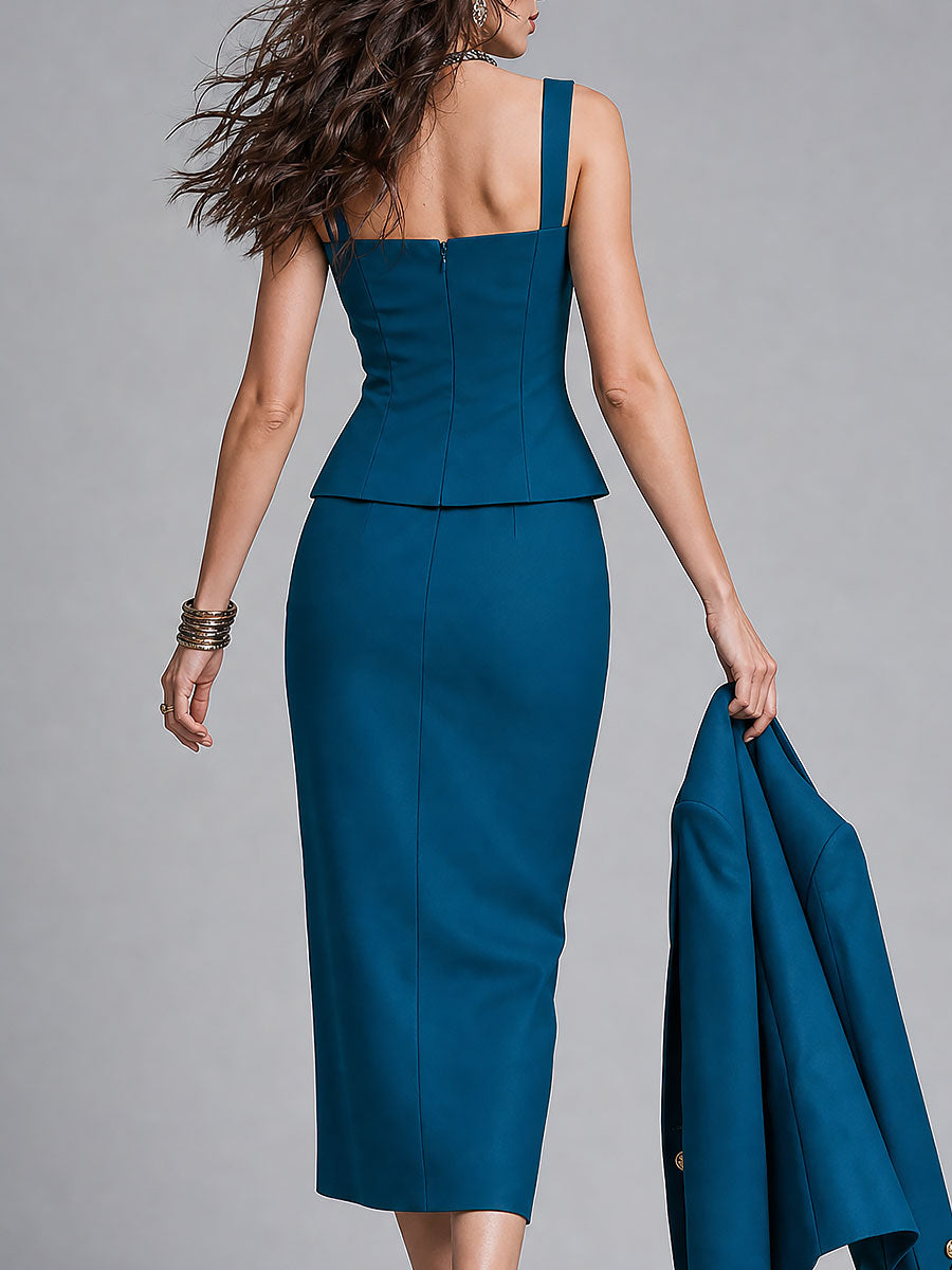 Completo top e gonna con spacco blu pavone – dettaglio 3