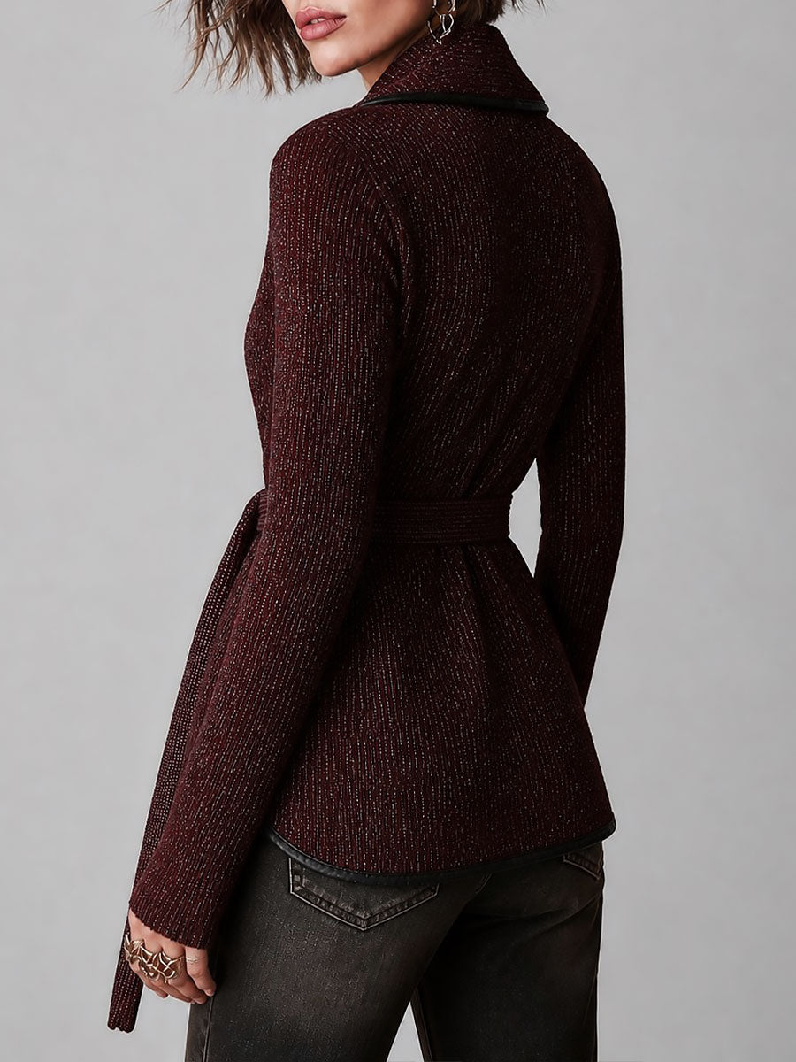 Cardigan boho bordeaux con cintura – dettaglio 2