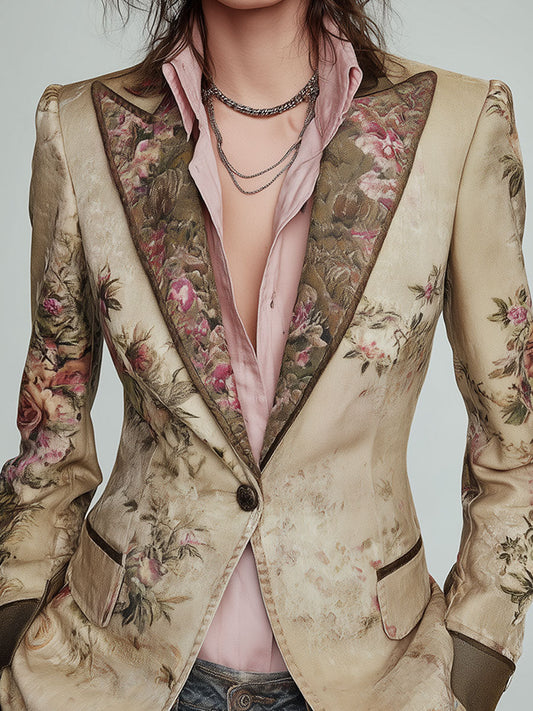 Blazer beige con stampa floreale – dettaglio