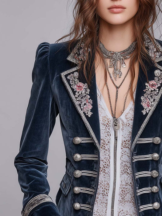 Blazer militare blu navy in velluto con ricami floreali – dettaglio 1