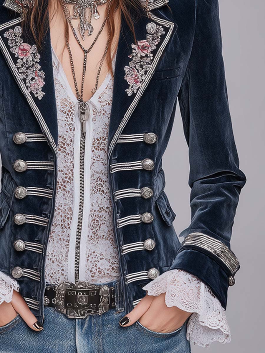 Blazer militare blu navy in velluto con ricami floreali – dettaglio 2