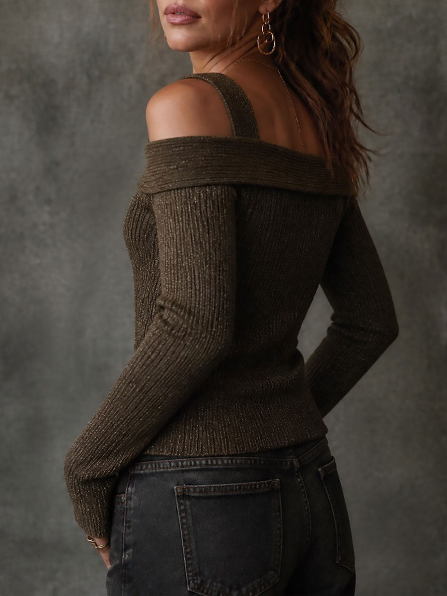 Maglione retrò a coste verde oliva con spalle scoperte – dettaglio 2