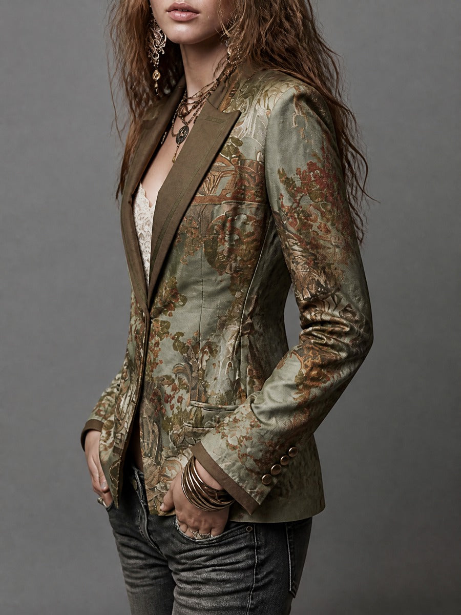 Blazer vintage floreale verde oliva con revers scamosciato – dettaglio 4