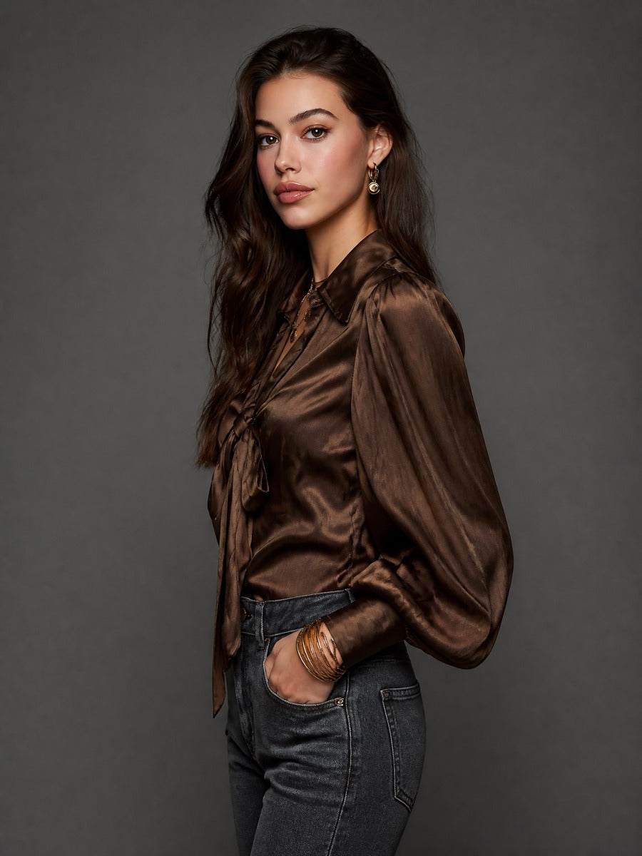 Blusa vintage marrone in raso con collo a fiocco – dettaglio 4