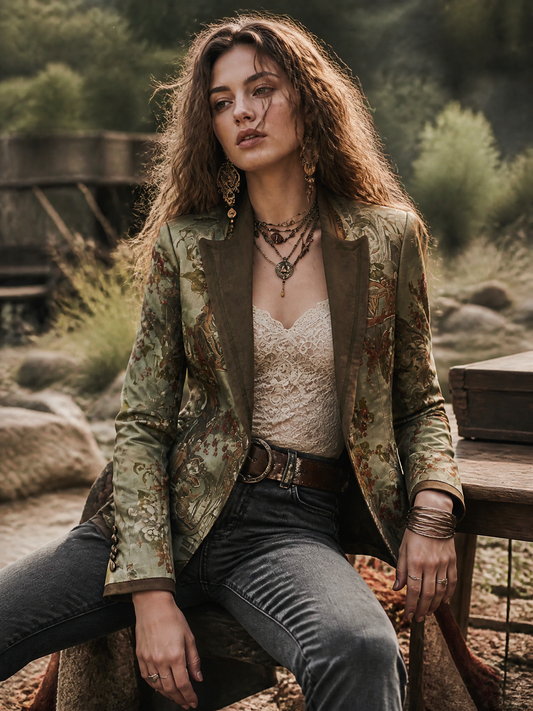 Blazer vintage floreale verde oliva con revers scamosciato – dettaglio 1