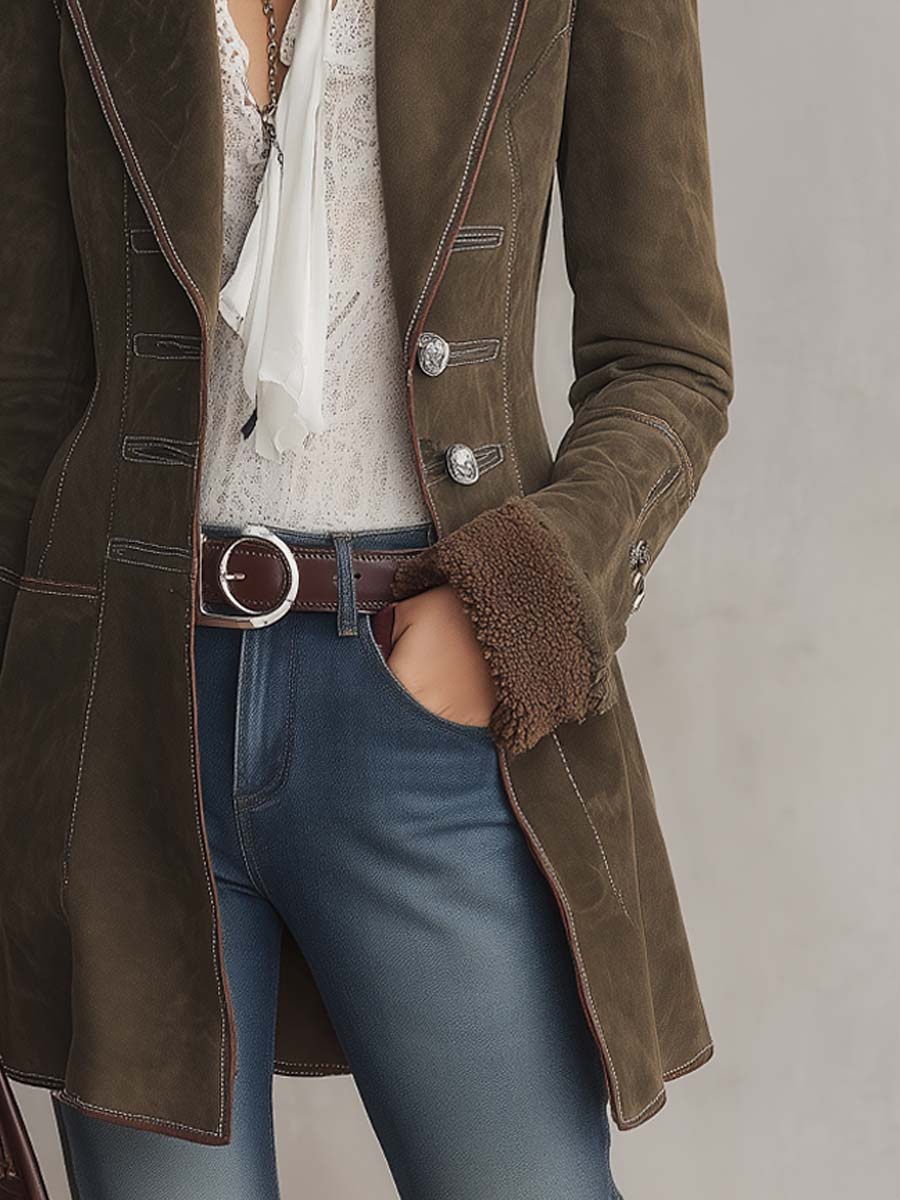 Blazer lungo scamosciato verde oliva con colletto in pelliccia ecologica – dettaglio 2