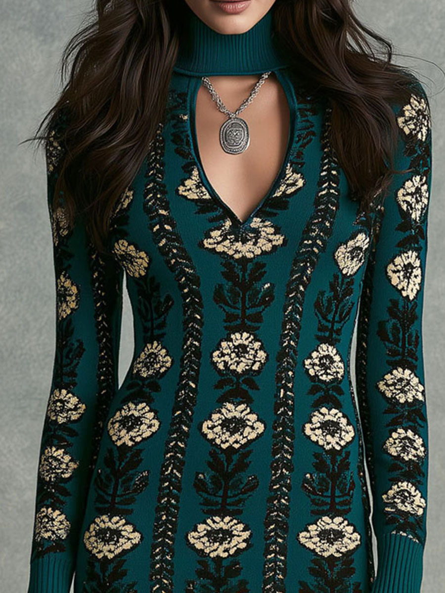 Abito in maglia jacquard floreale verde petrolio con collo alto – dettaglio 2