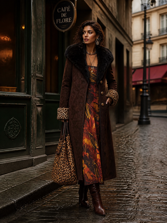 Cappotto lungo marrone effetto camoscio con collo in pelliccia e polsini leopardati – dettaglio 1