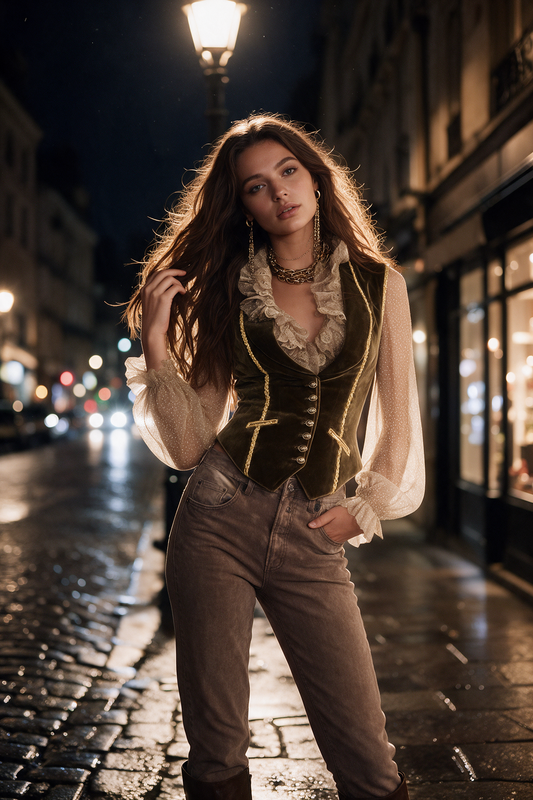 Gilet vintage in velluto verde oliva – look completo