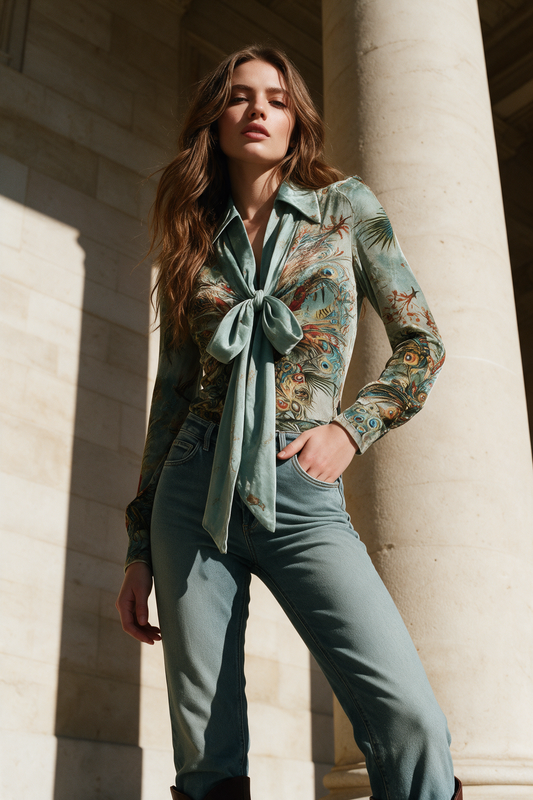 Camicetta verde stampa pavone – look completo