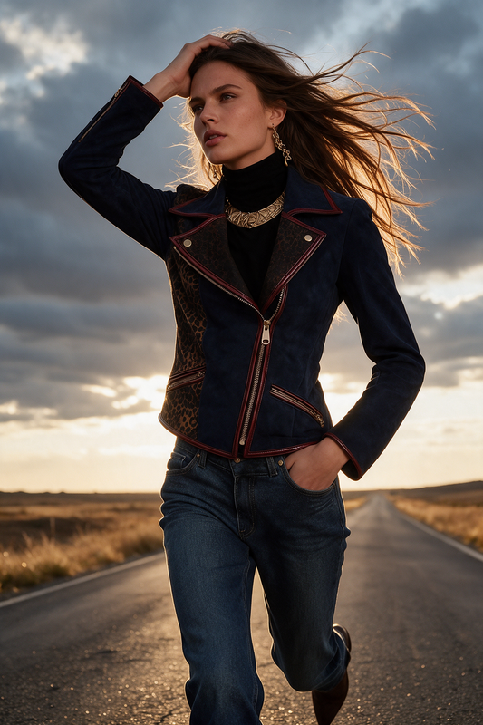 Giacca biker blu navy leopardata – look completo