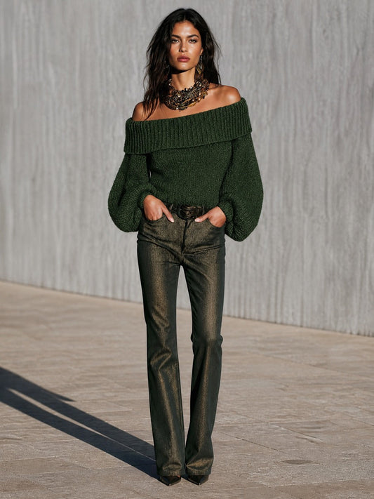Maglione chunky verde con maniche a lanterna – dettaglio
