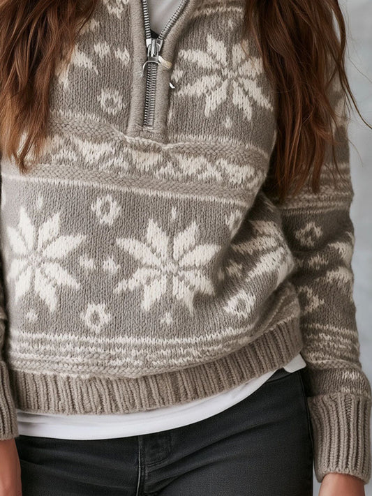 Maglione grigio melange con mezza zip – look completo