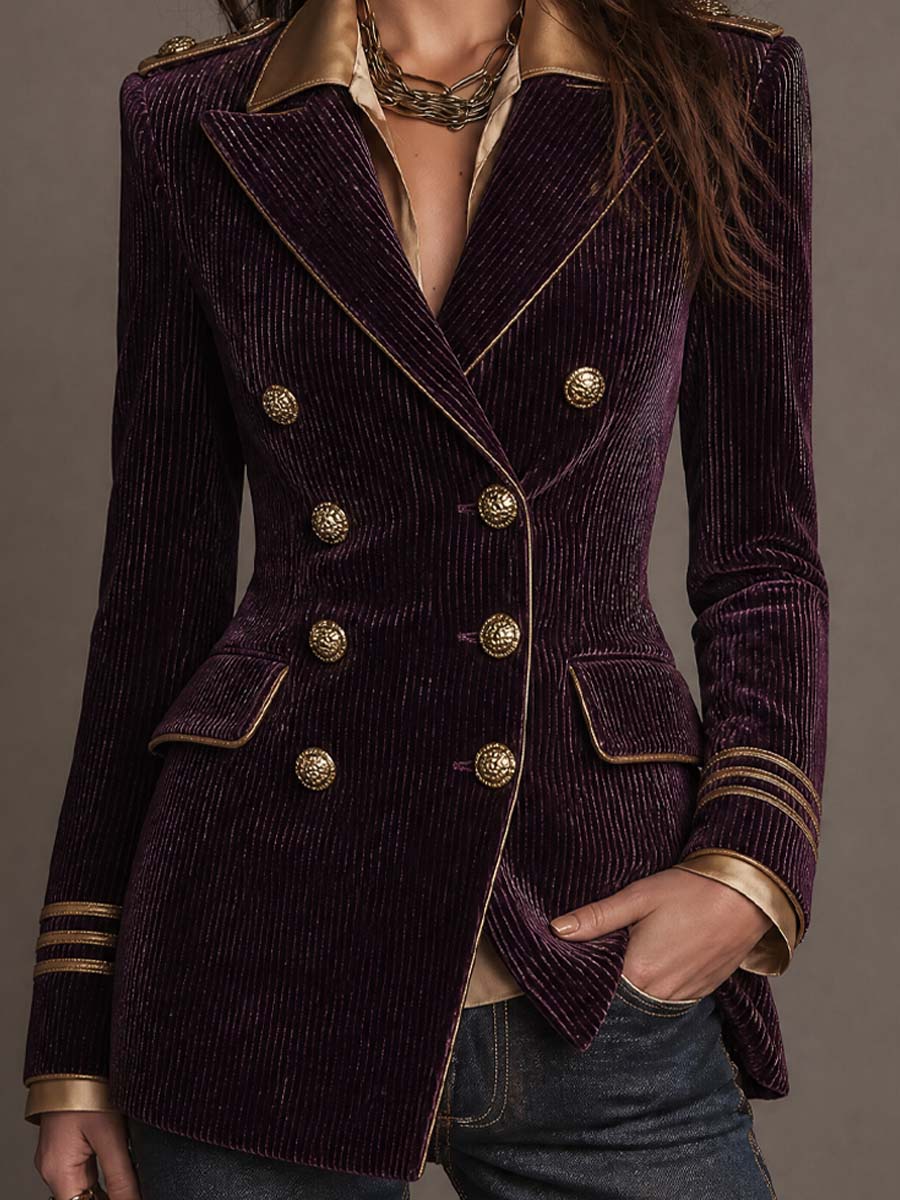 Blazer doppiopetto viola in velluto a coste – look completo