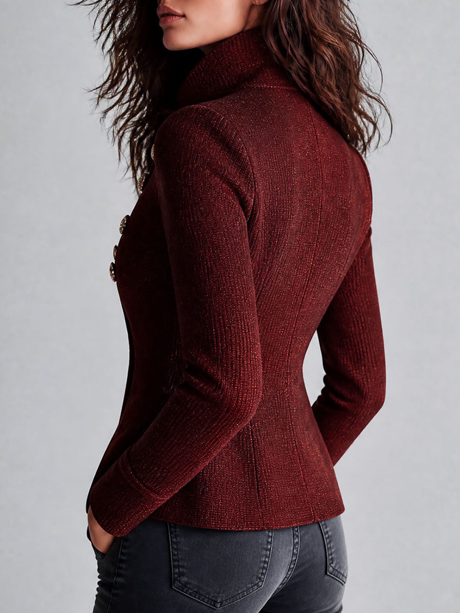 Cardigan doppiopetto bordeaux con bottoni dorati – vista laterale