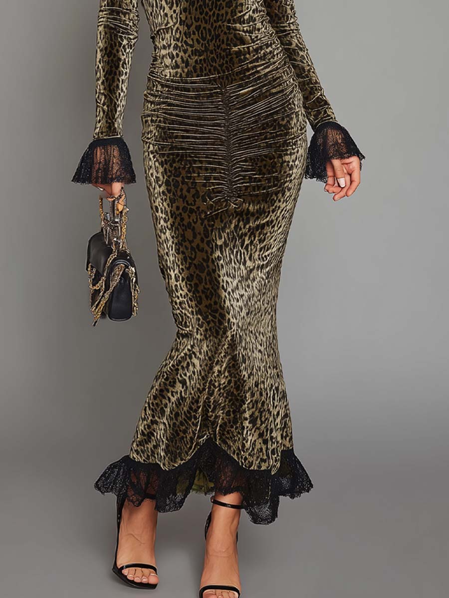 Abito maxi in velluto leopardato verde oliva – dettaglio