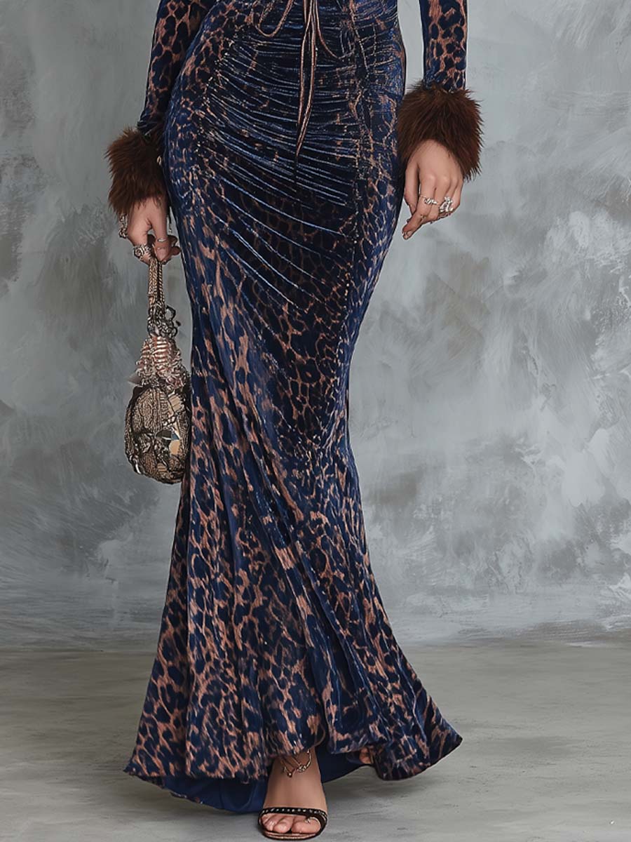 Abito maxi a sirena leopardato blu navy – dettaglio