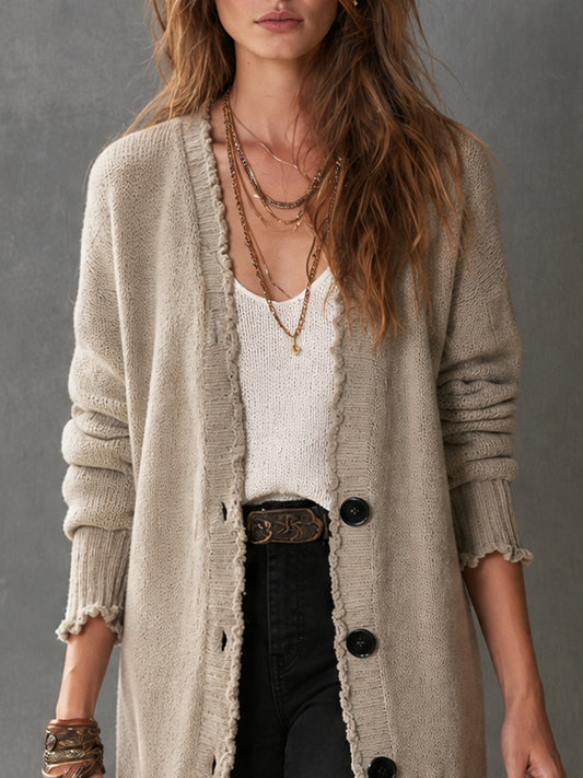 Cardigan color avena con bordi sfrangiati – vista laterale