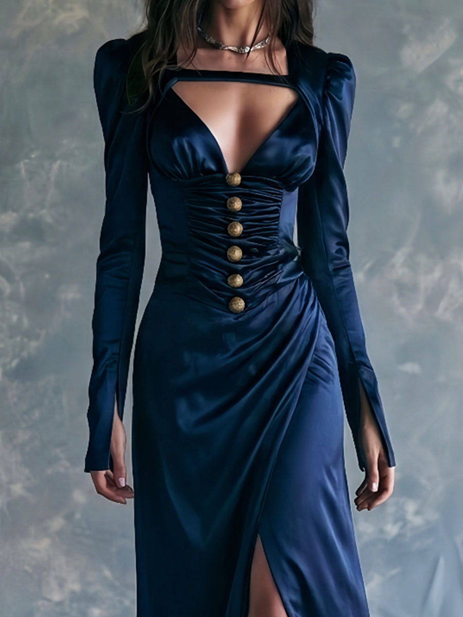 Abito lungo in raso blu navy con scollo a V – dettaglio