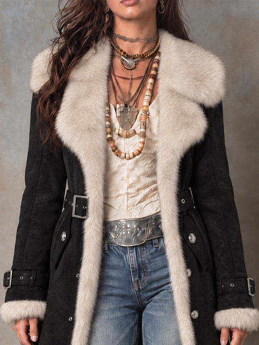 Cappotto in finto suede con bordo in eco-pelliccia – vista laterale