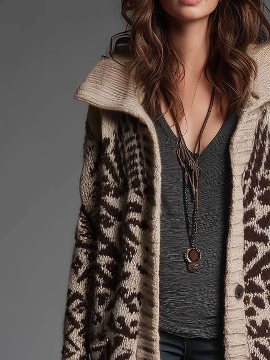 Cardigan lungo in maglia crema e marrone – vista laterale