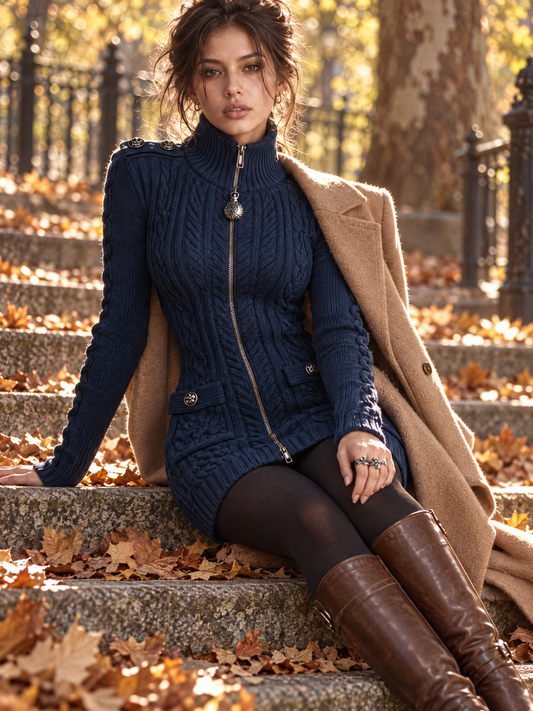 Abito mini in maglia blu navy con zip – vista laterale