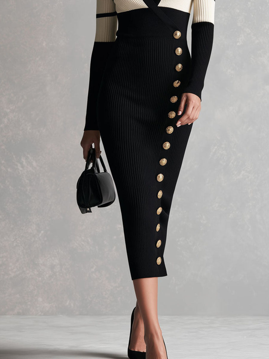 Abito midi in maglia a righe color block nero – dettaglio dei bottoni