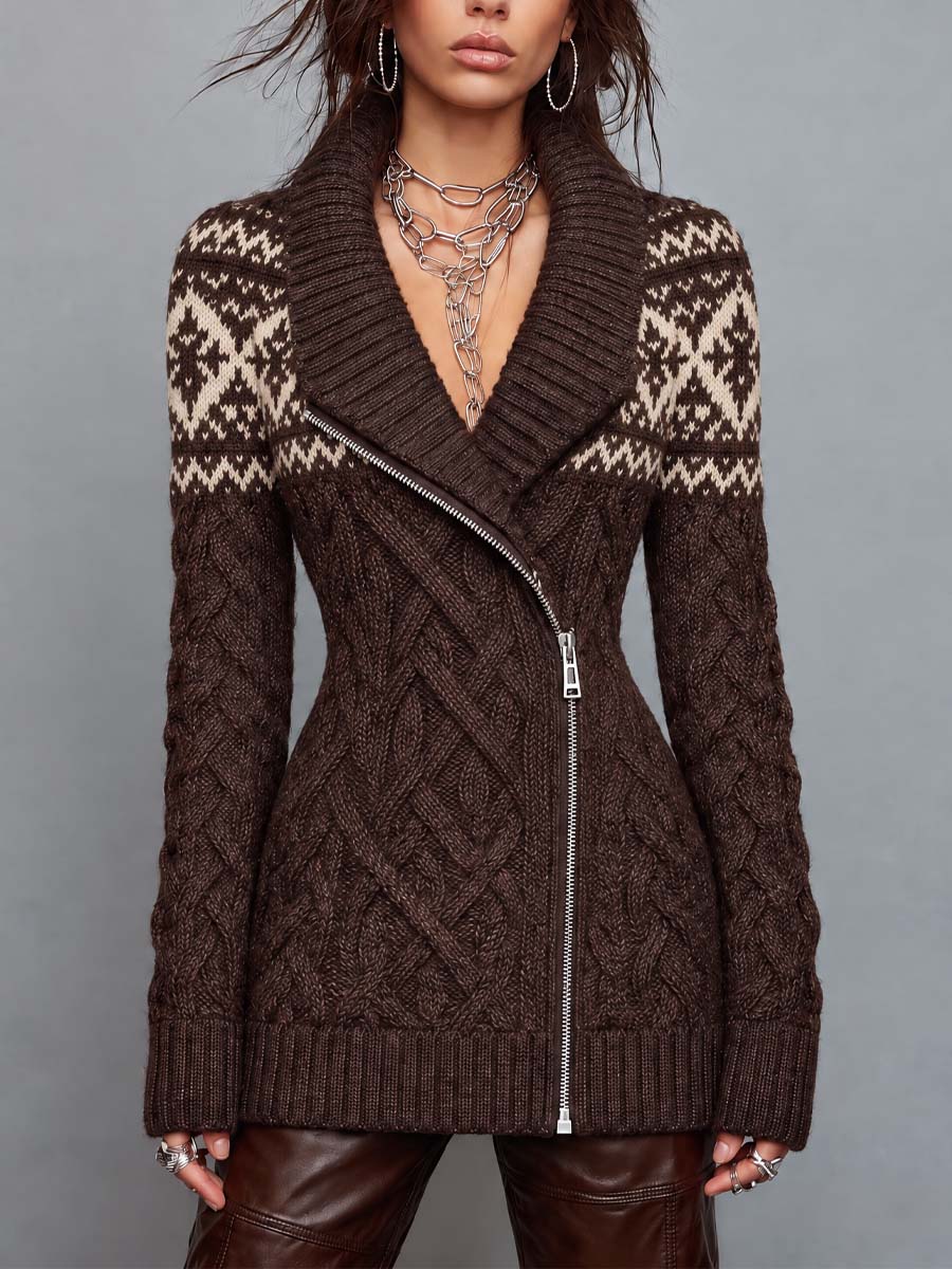 Cappotto in maglia Fair Isle marrone – dettaglio della zip