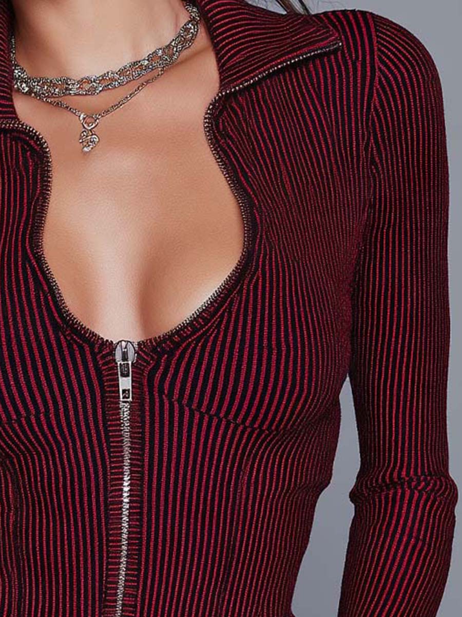 Top in maglia a coste a righe bordeaux – dettaglio