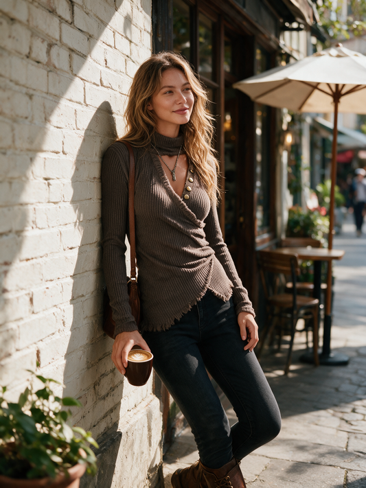 Top in maglia moka con cut-out effetto wrap – dettaglio 1