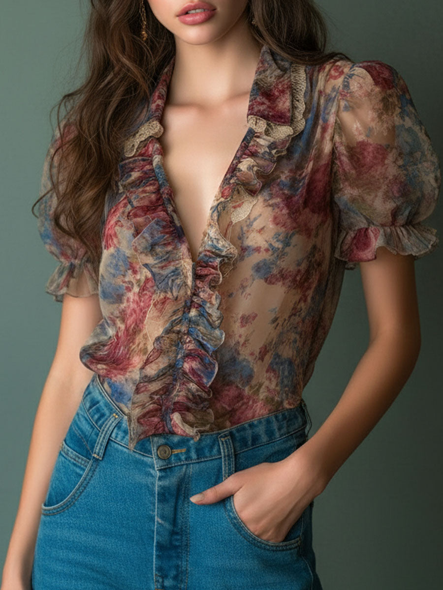 Blusa vintage floreale color albicocca – dettaglio 7