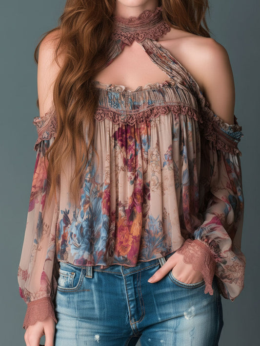 Camicetta boho rosa cipria a fiori – dettaglio 2