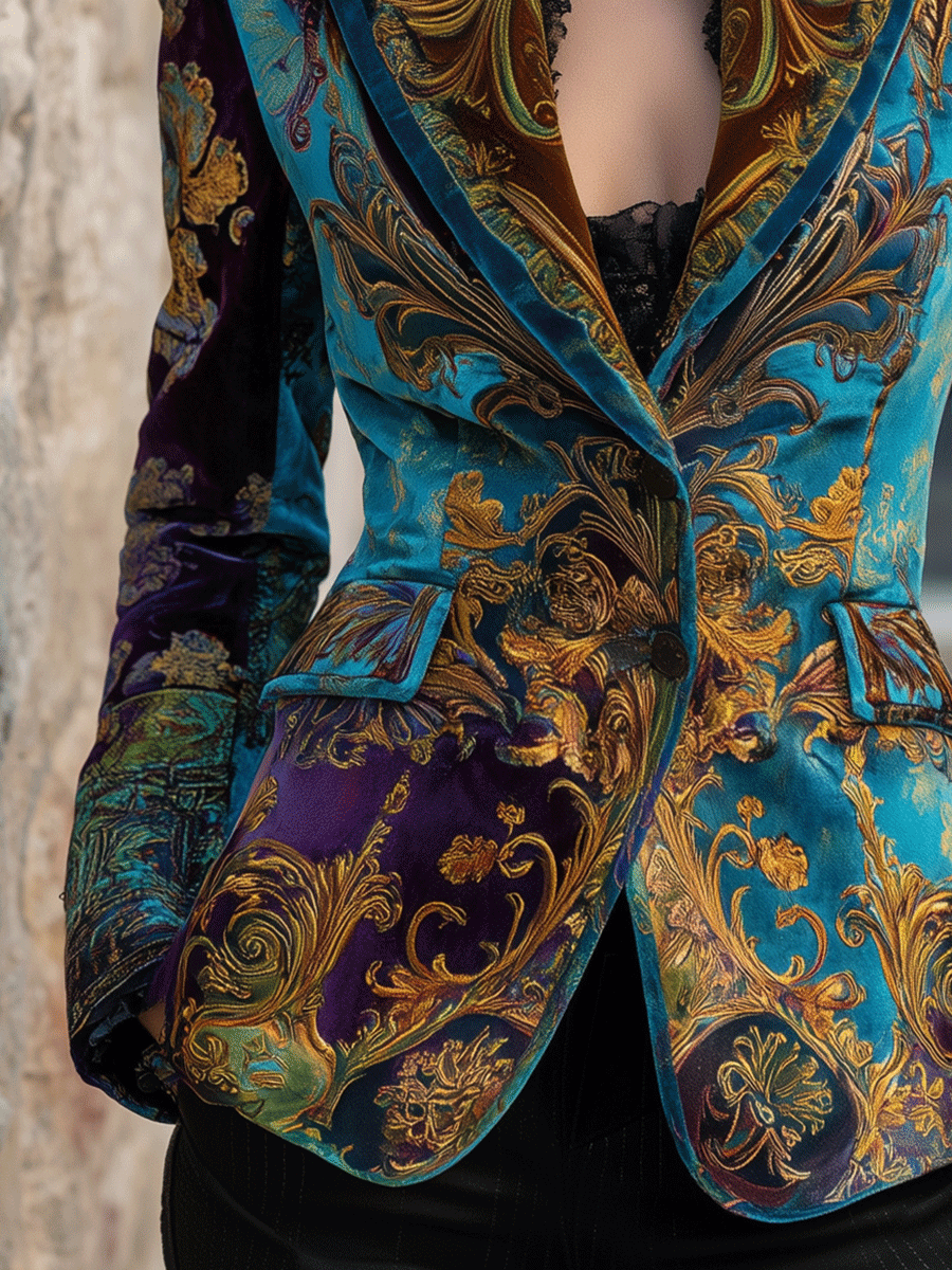 Blazer in velluto blu barocco – look completo