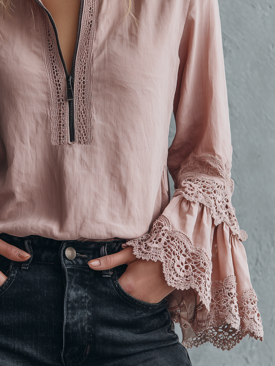 Blusa vintage rosa con polsini in pizzo – dettaglio 3