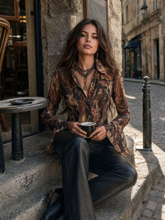Blusa boho in chiffon toni terra – vista 2