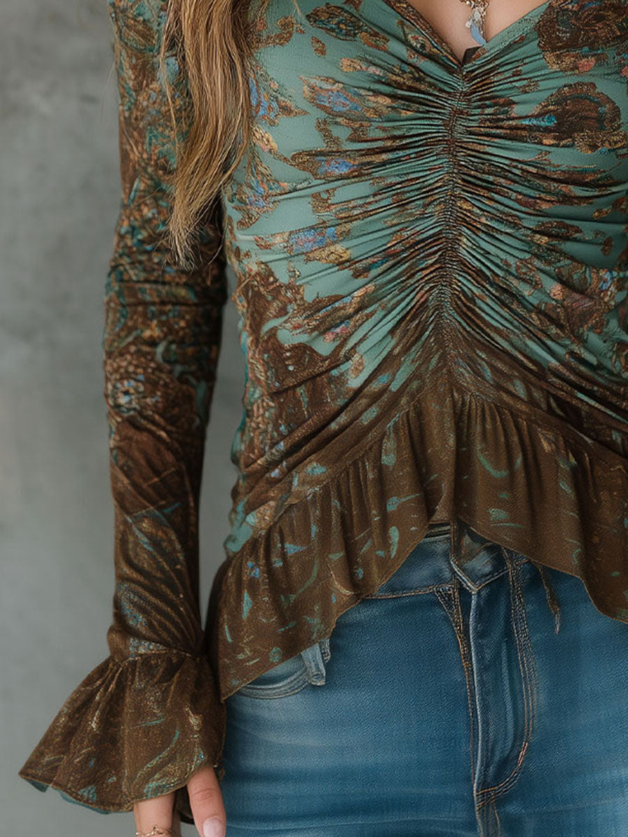 Blusa boho a fiori verde salvia e bronzo – dettaglio 7