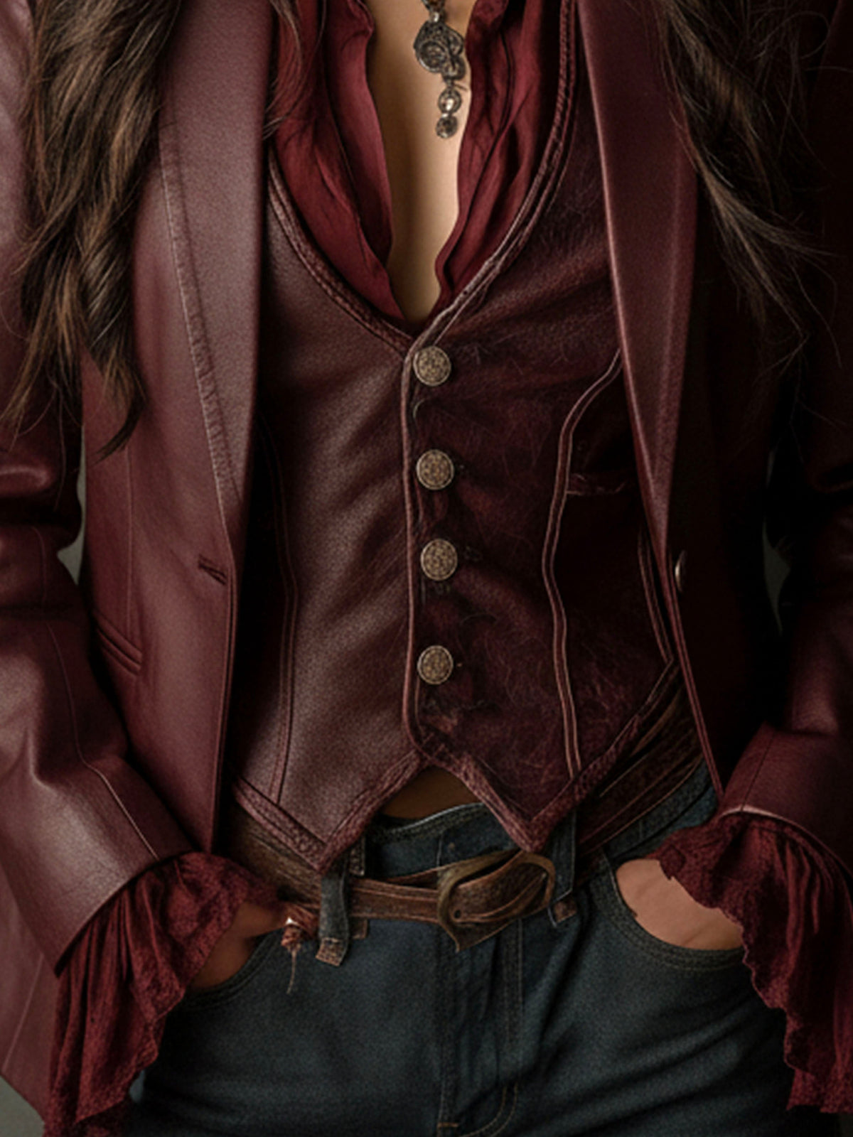 Blazer vintage bordeaux in ecopelle – dettaglio 8
