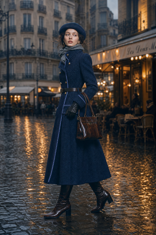 Cappotto lungo in lana spigata blu navy – look completo