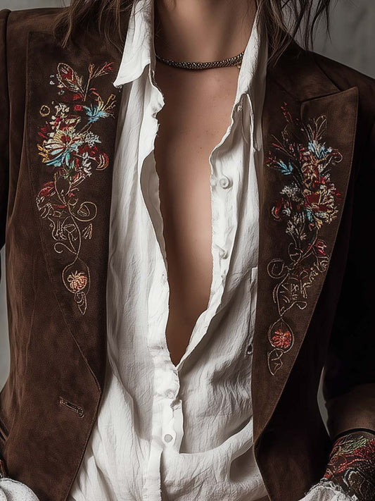 Blazer in camoscio marrone con ricami – dettaglio 2