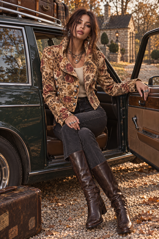 Giacca corta in suede beige a stampa floreale – vista laterale