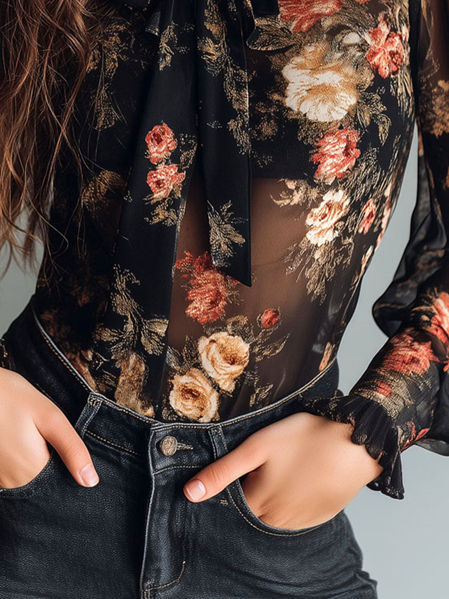 Blusa vintage nera in chiffon con fiori – dettaglio 6