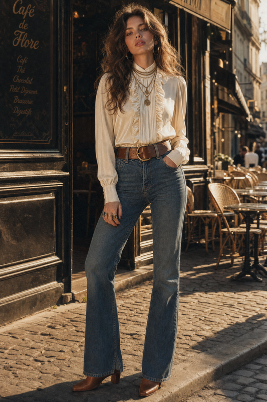 Blusa in velluto bianco sporco con volant – look indossato